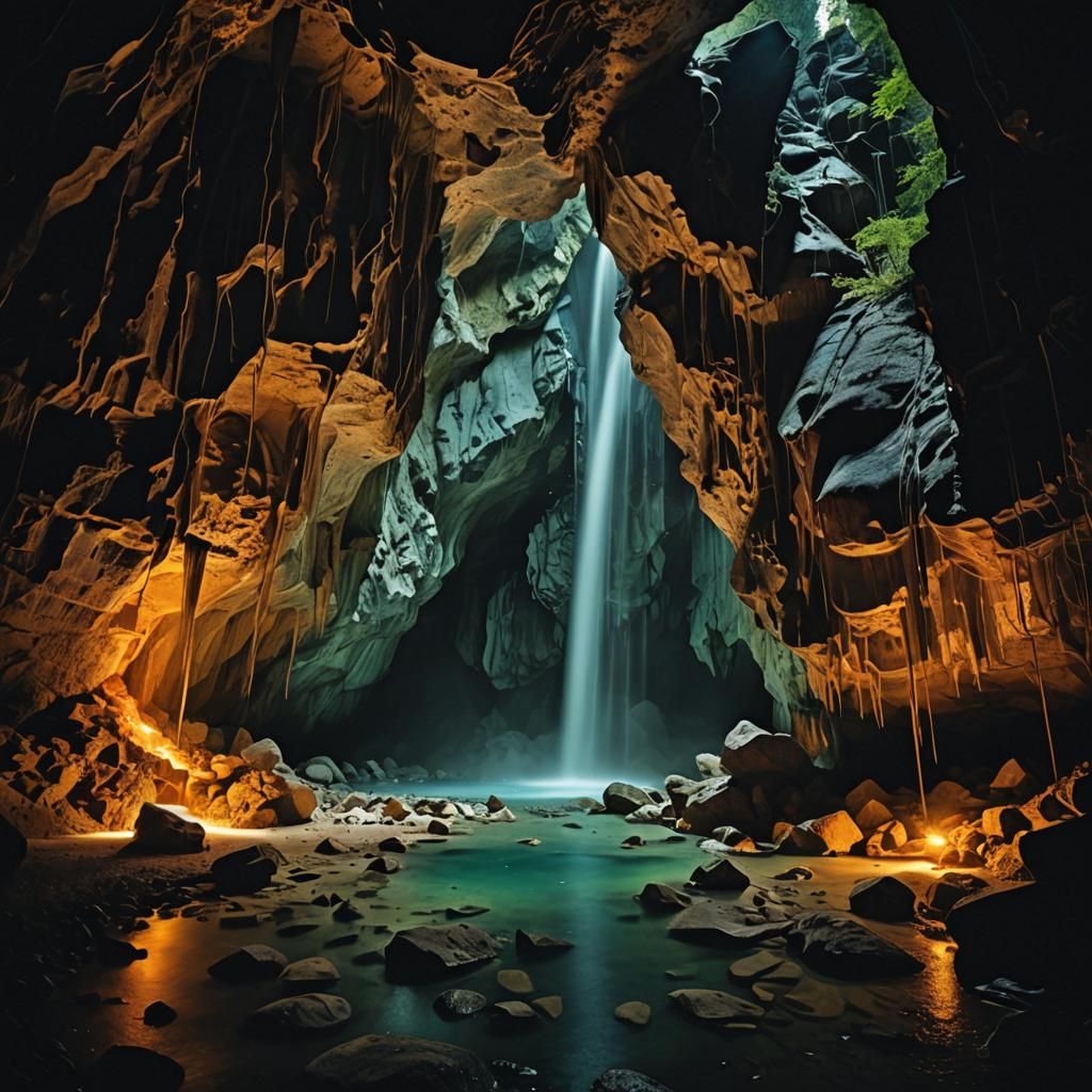 Magical Waterfall Landscape with Luminescent Woman in Film N...