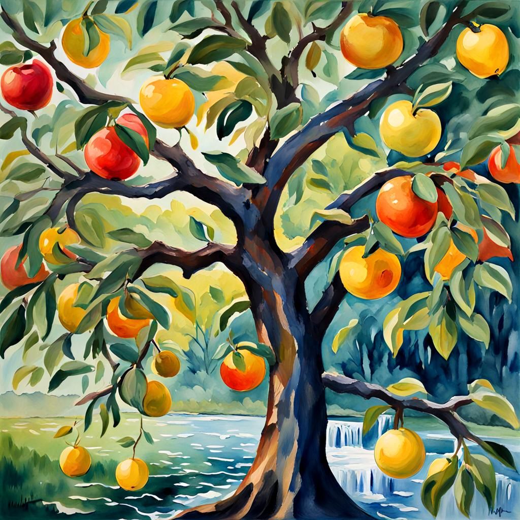Lush Tree by Streams: Impressionist Gouache Painting
