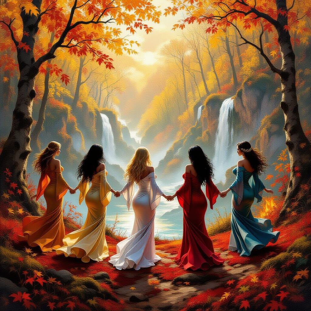 Autumn Coven Ritual in Surreal Golden Forest