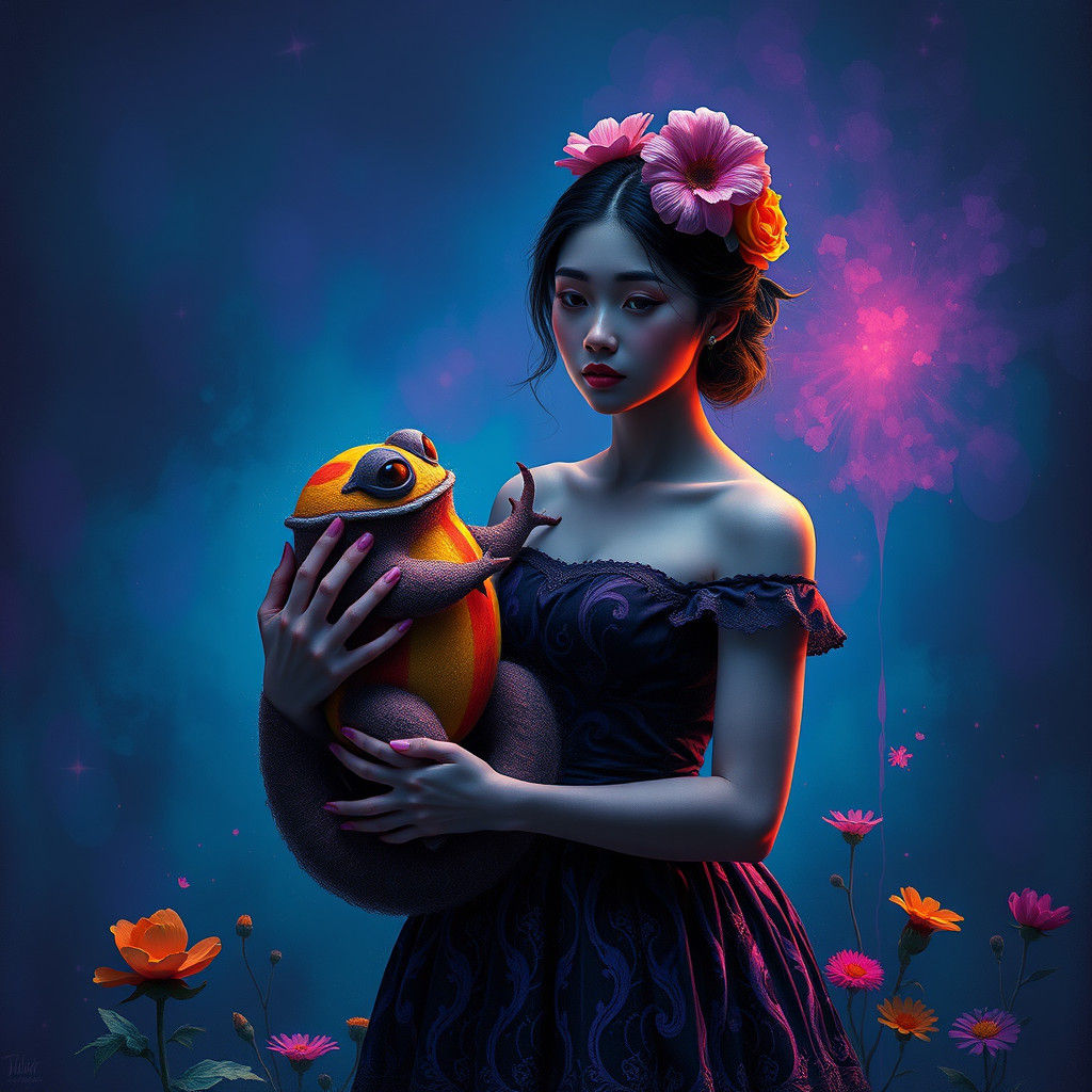 Surreal Woman with Monster, in Abstract Style