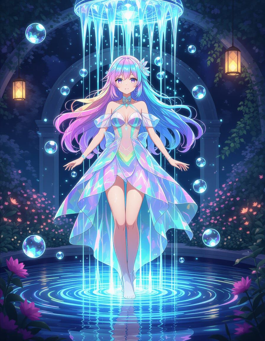 Anime Girl Emerges from a Liquid Light Fountain