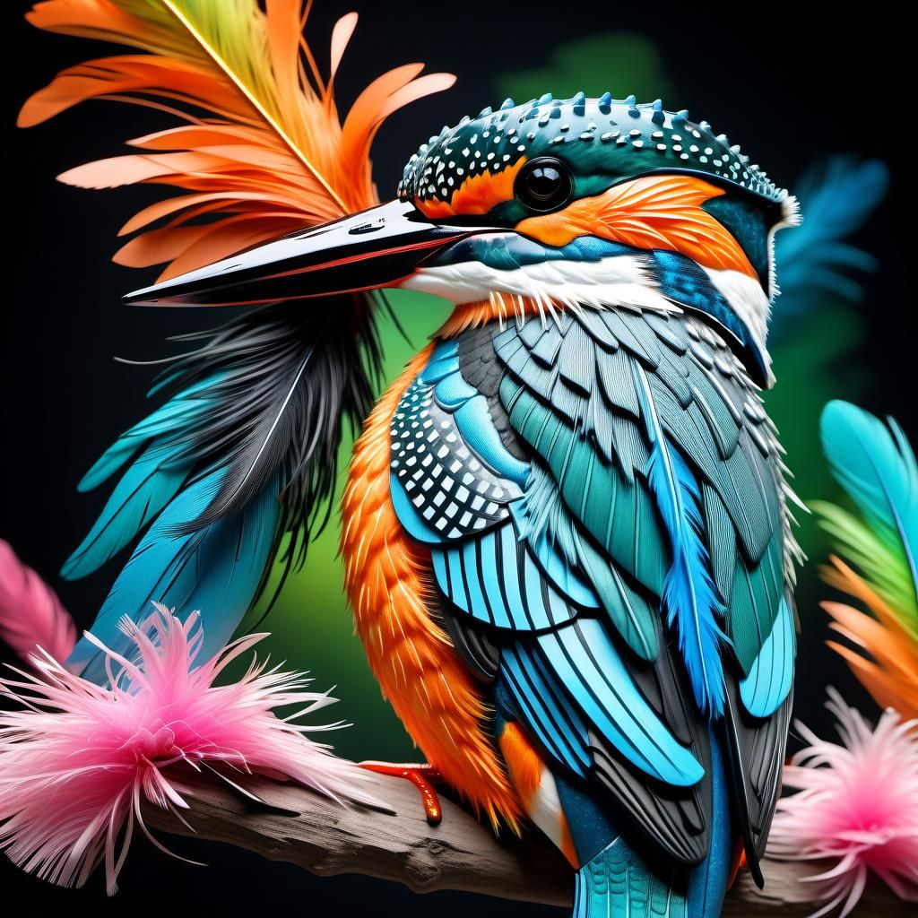 Hyperrealistic Kingfisher in Flight with Insects