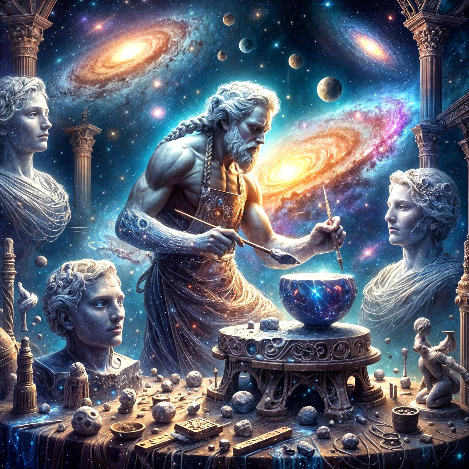Celestial Sculptor Carving Constellations in Space as Oil Pa...