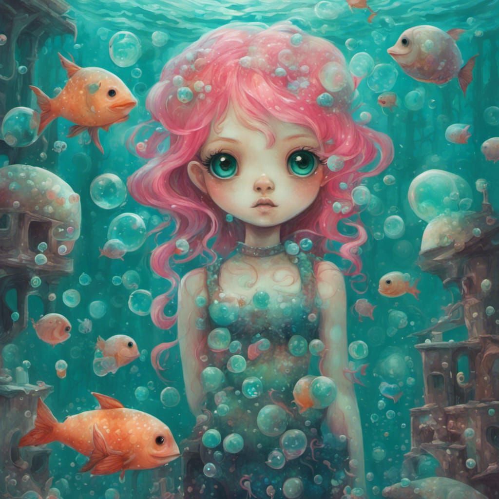 Surreal Mermaid in Sunken Atlantis, Modern Art Style