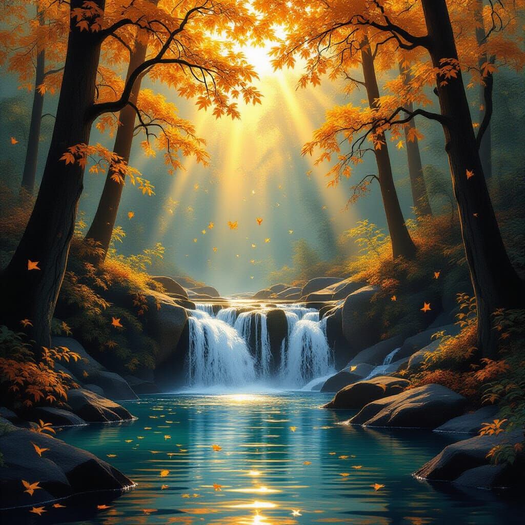 Magical Forest Waterfall with Falling Star Leaves