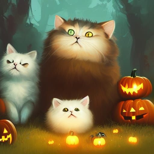 Halloween Cat Family Portrait, Detailed Digital Art