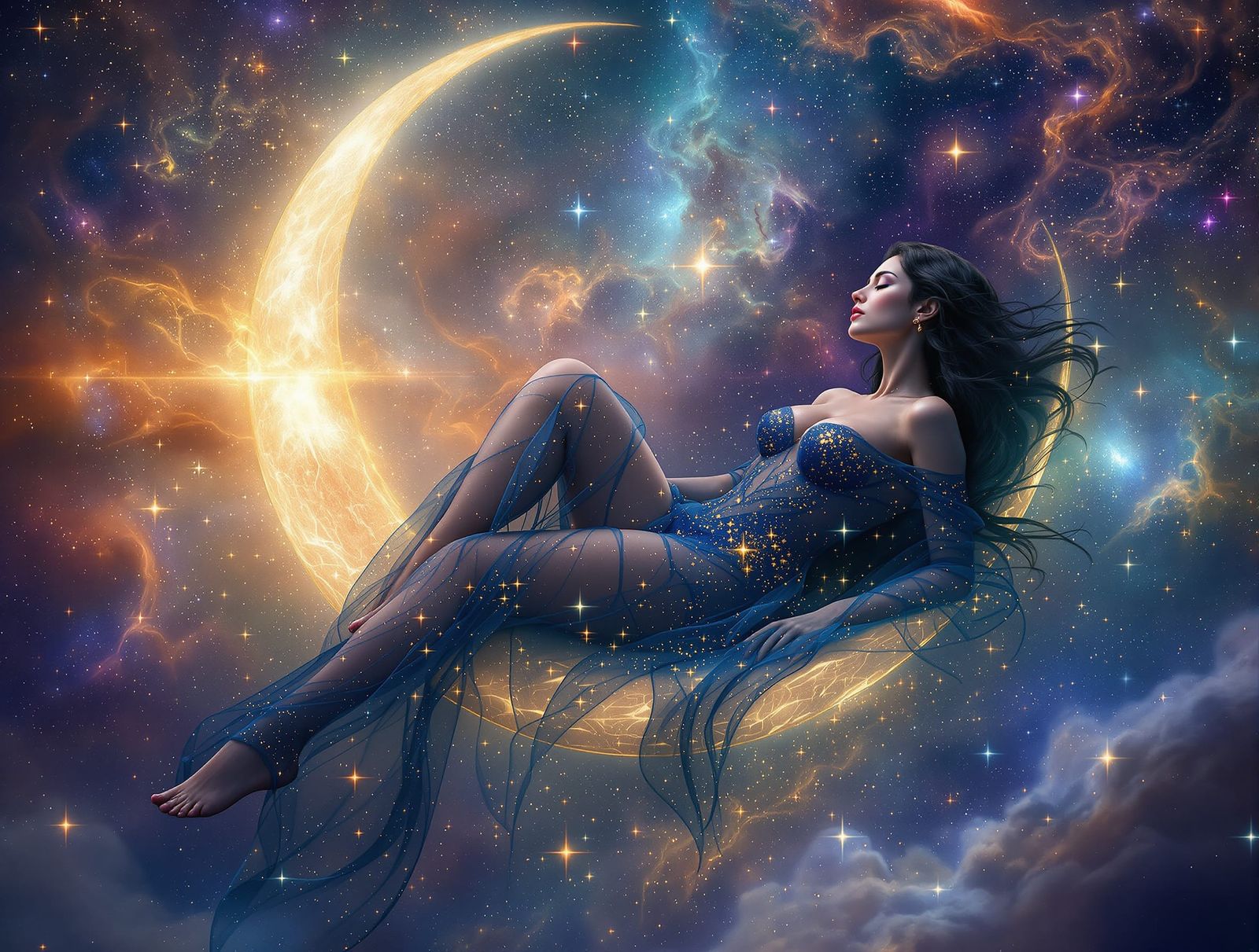 Celestial Goddess Reclining on Moon in Nebula
