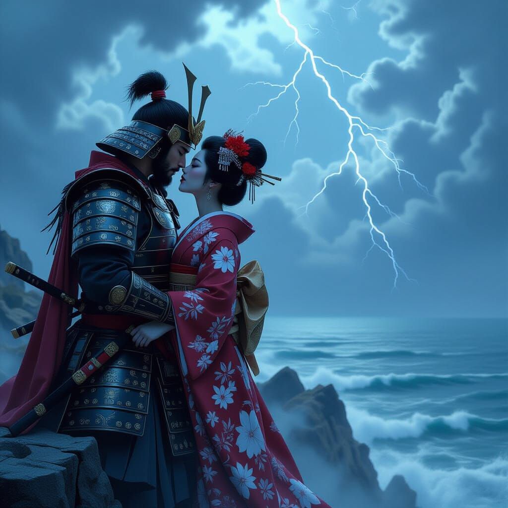 Samurai Warrior Kisses Geisha on Stormy Cliff