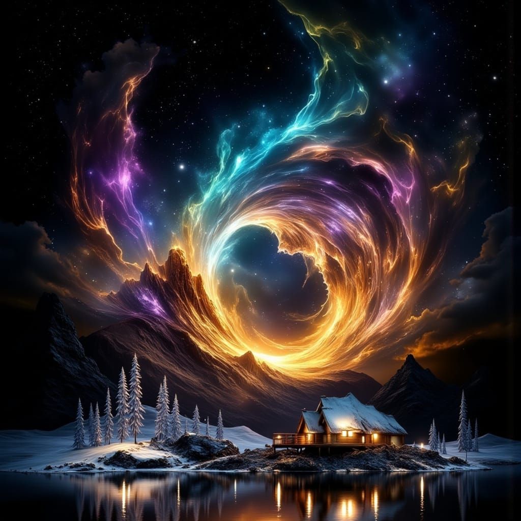 Nordic Cabin Under Purple Mountain With Magical Runes