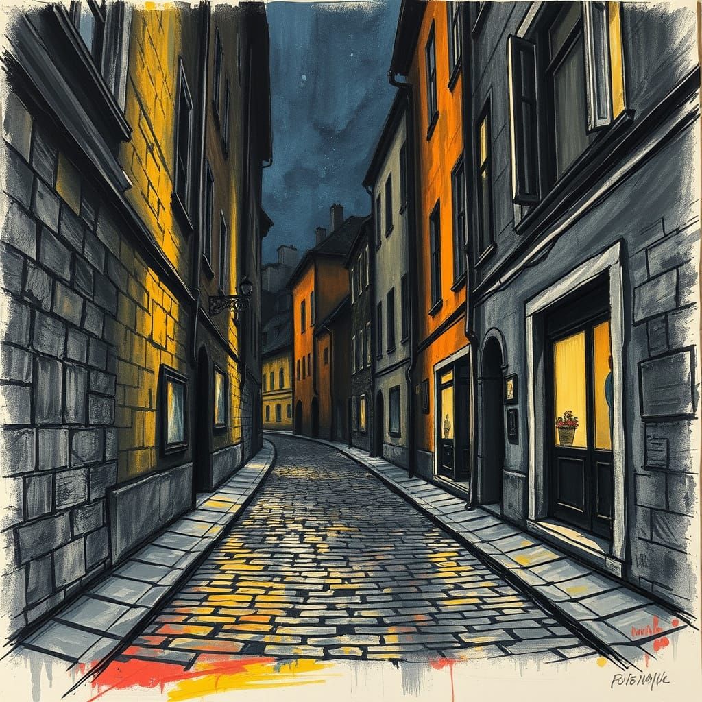 Narrow Nighttime Street Scene in Expressive Neo-Impressionis...
