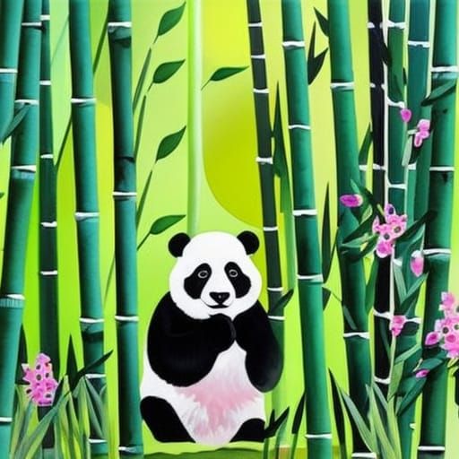 Pink Panda in Bamboo Forest as Gouache Painting