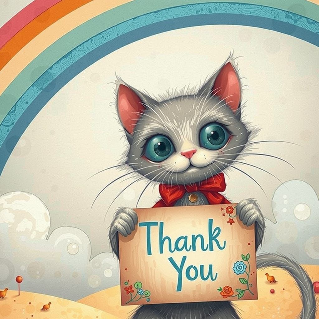 Cute cat holding a sign that says THANK YOU with a rainbow in the background