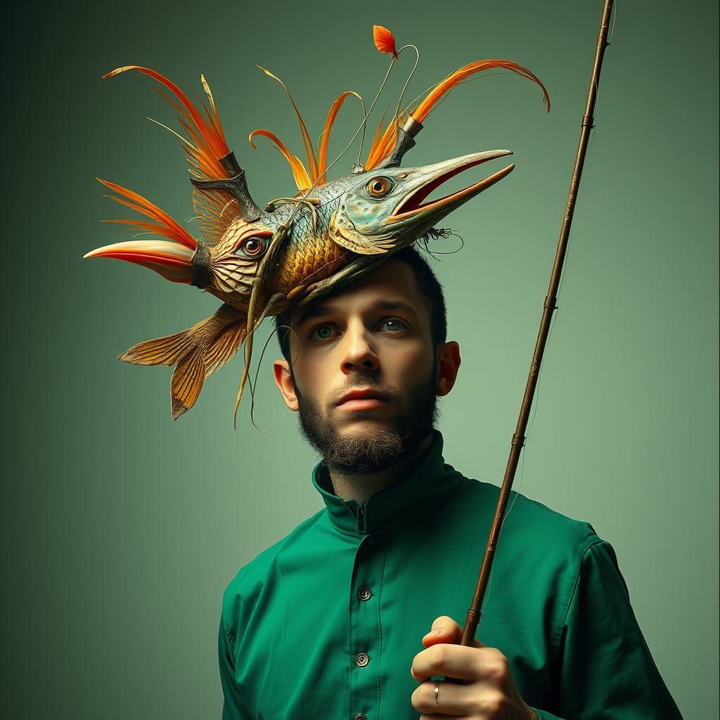 Man Holds Bird-Fish Hybrid in Klimt-Inspired Portrait