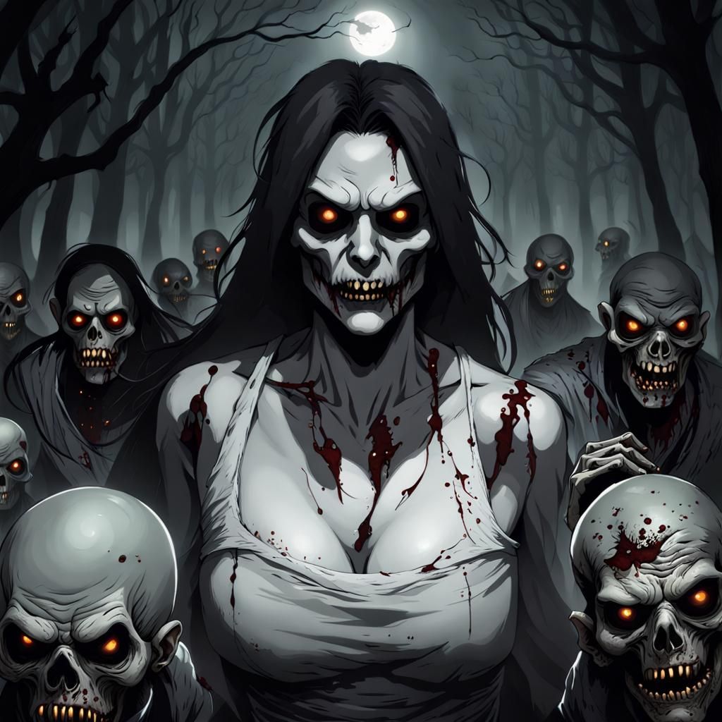 Horror Scene: Ghouls and Zombies Emerging from Shadows