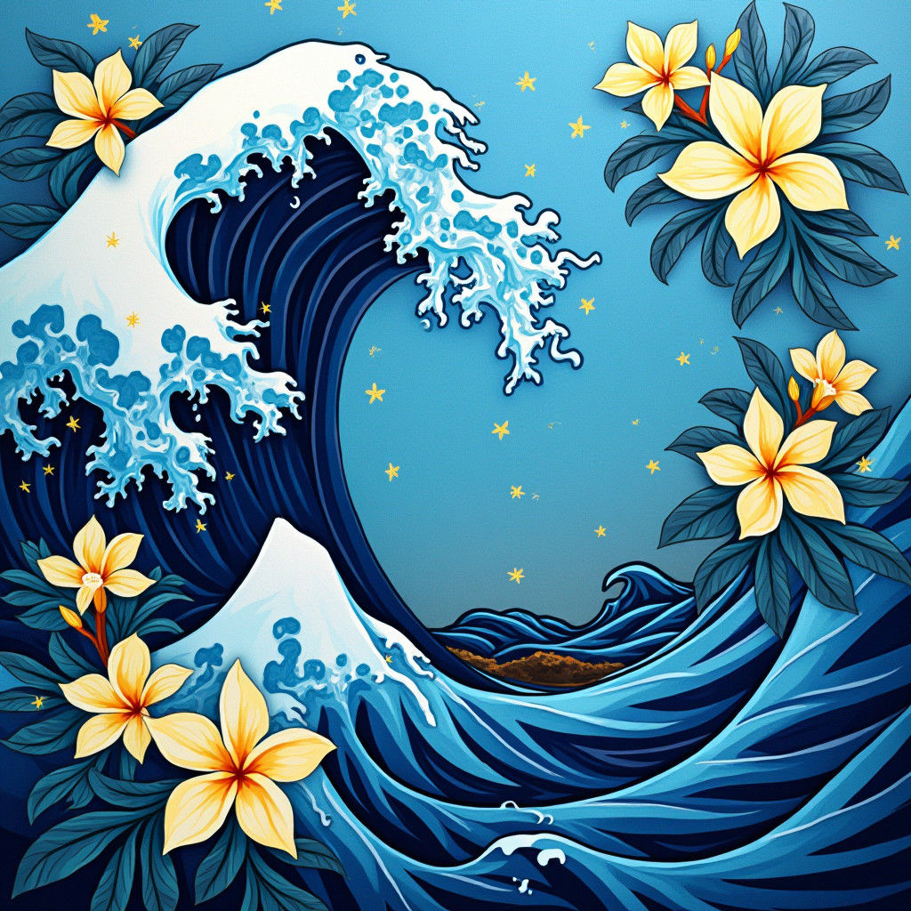 Oceanic Wave Pattern with Floral Design