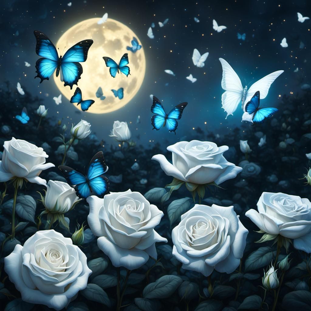 Ethereal Butterflies Dance Among Celestial Roses in an Astra...
