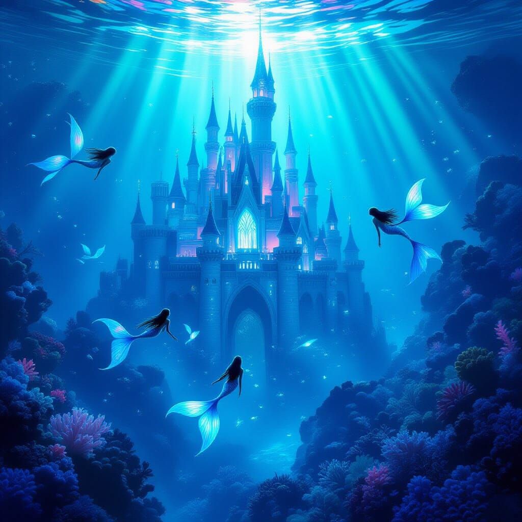 Mystical Underwater Castle with Mermaids in Bioluminescent L...