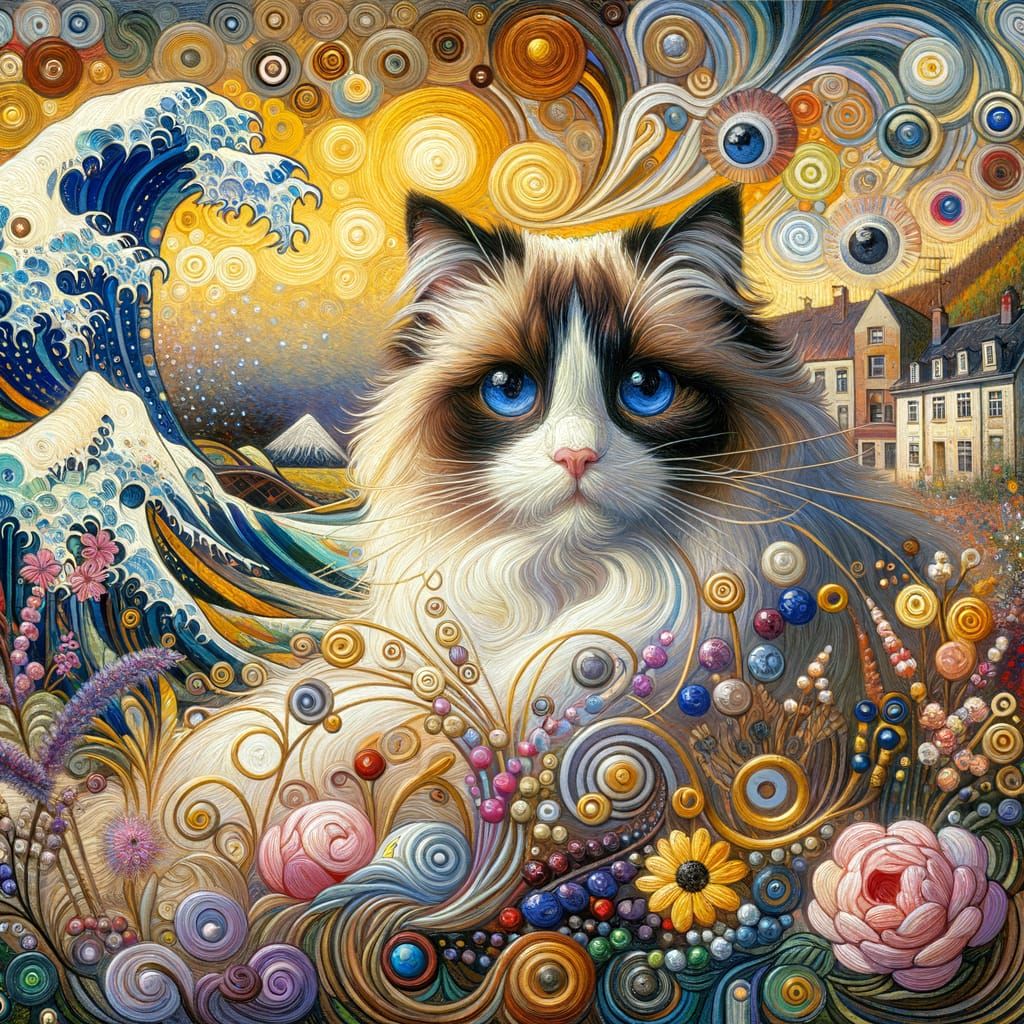Ragdoll Cat in Klimt-Inspired English Landscape