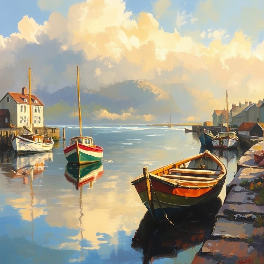 Calm Harbour Reflection with Old Boats in Painterly Style