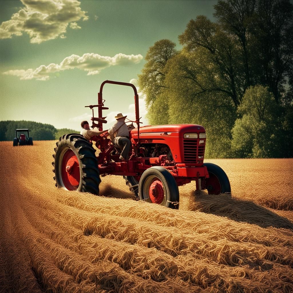 an old red  tractor cutting hay with a sickle bar mower