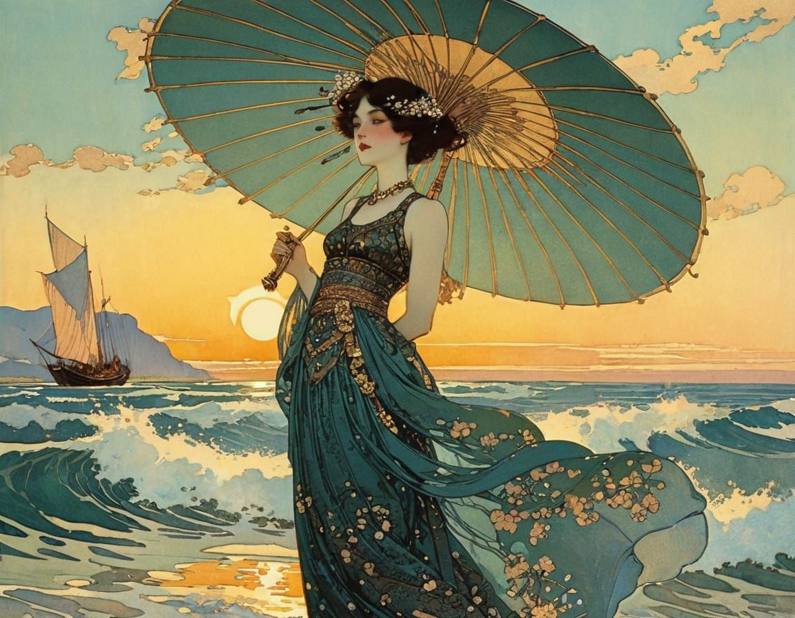 Vibrant Summer Scene in Art Nouveau Style