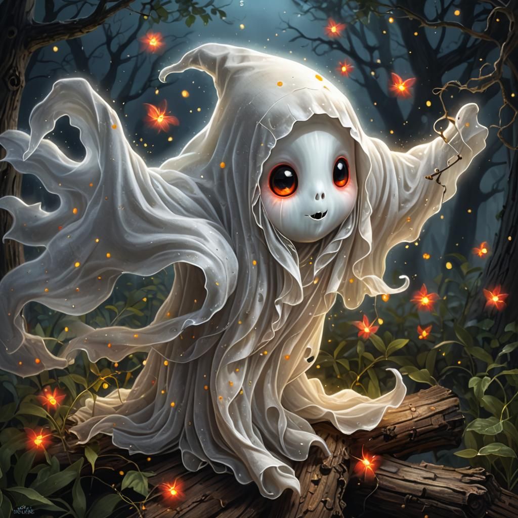 Adorable Ghost in Enchanting Night Sky, Digital Art