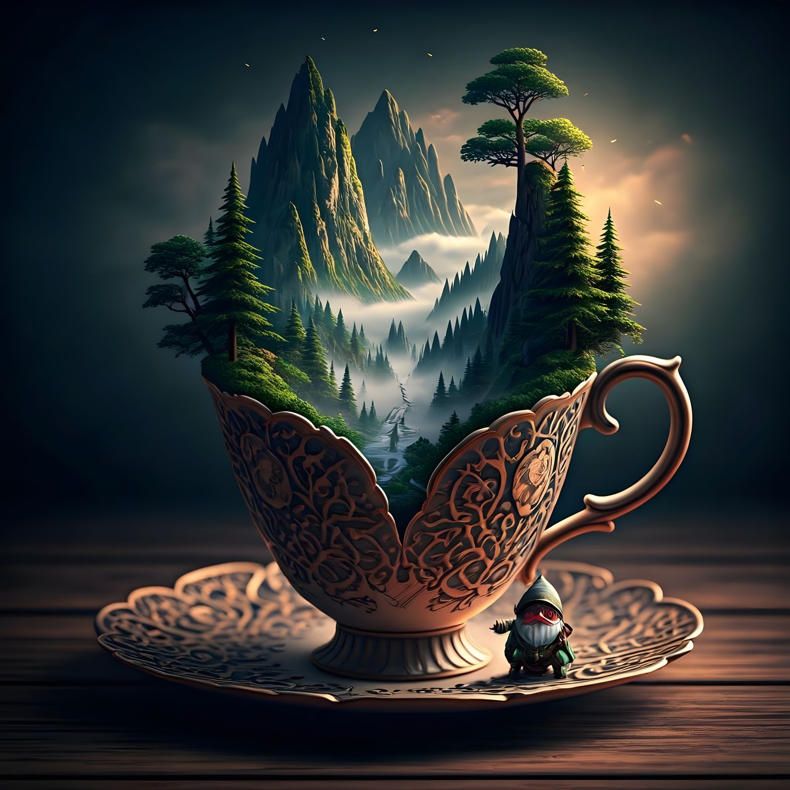 Fantasy Mountain Landscape in Filigree Teacup