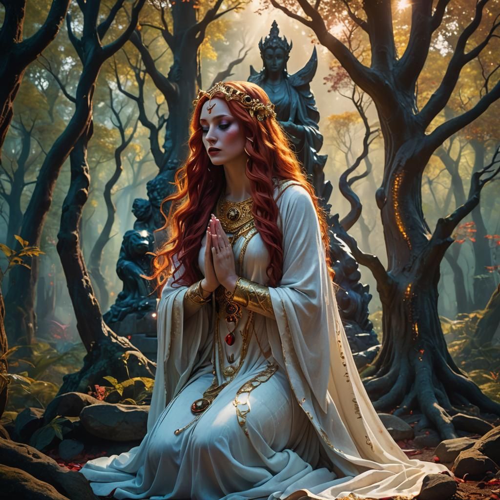 Goddess Praying in Forest: Fantasy Concept Art