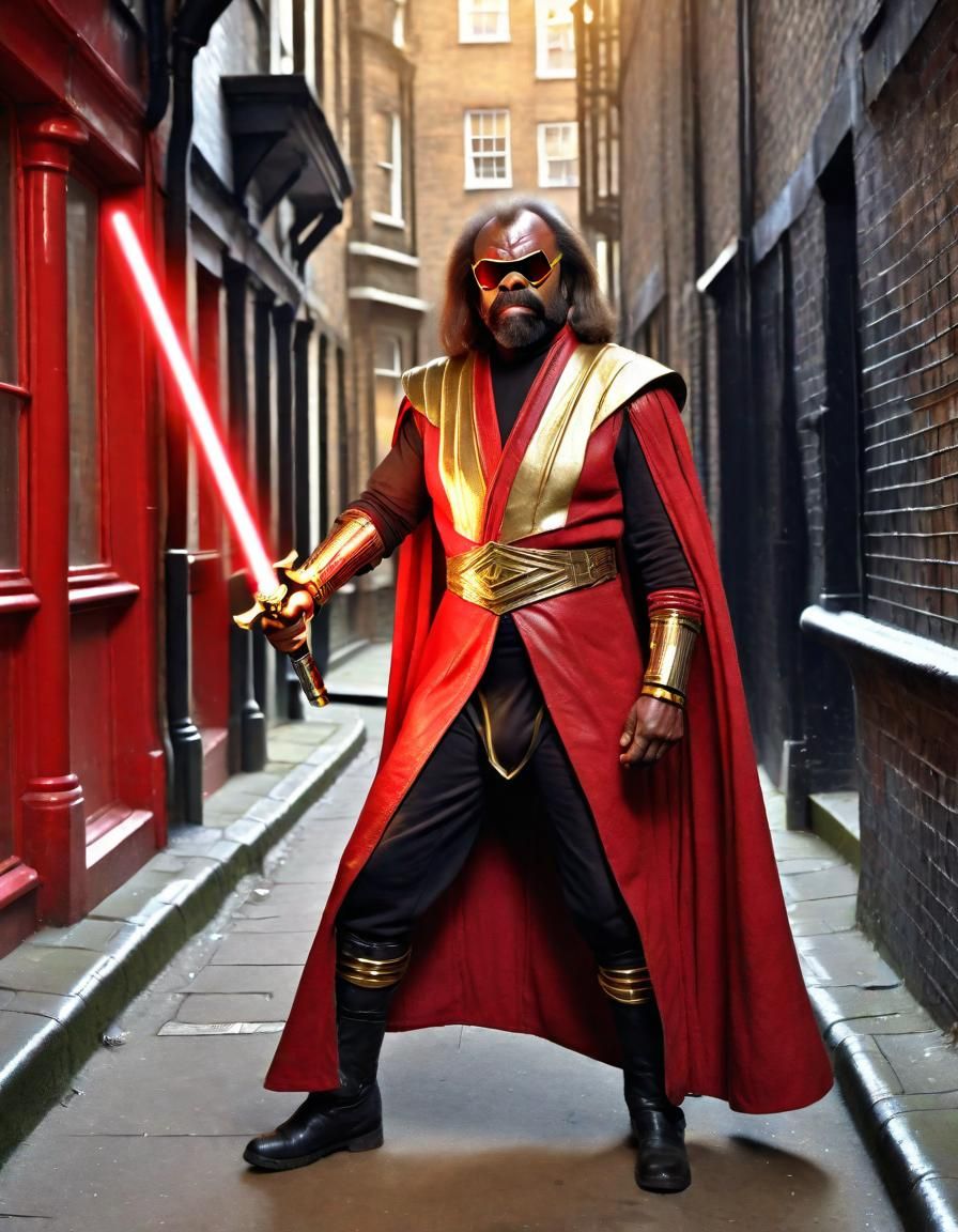Klingon Worf as Jedi in Retro London Alley