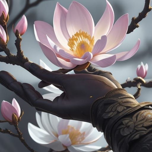 Hand From Heaven Scoops Magnolia Blooms in Digital Matte Pai...