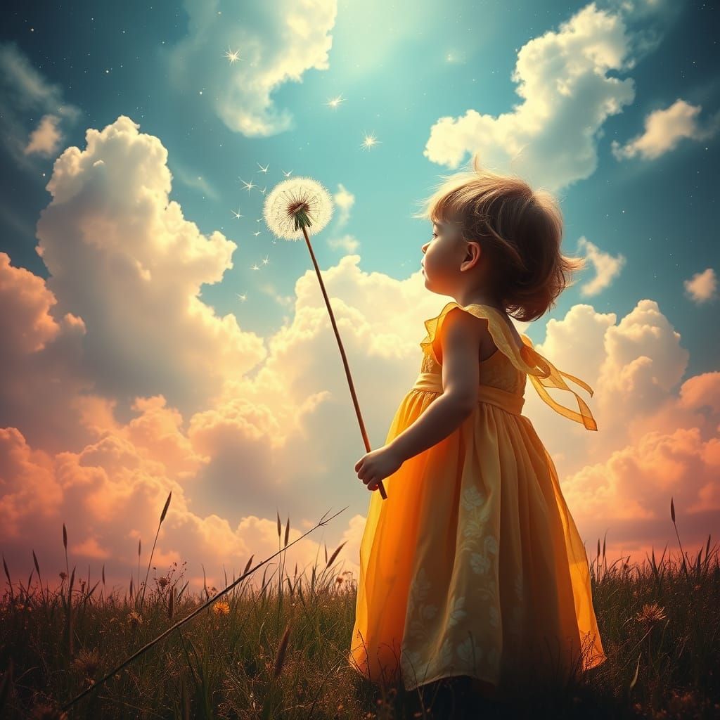 Child and Dandelion in Surreal Impressionistic Style