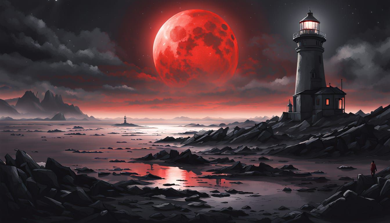 Eerie Lighthouse in Crimson Moonlight Digital Painting