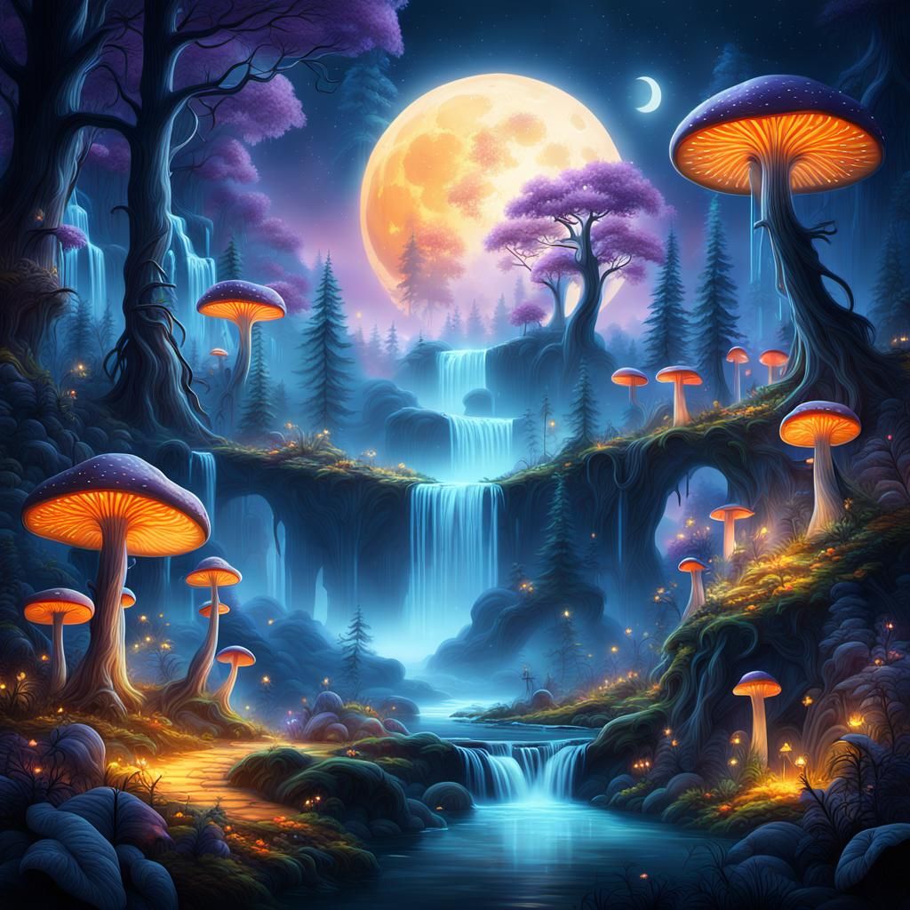 Mystical Landscape with Glowing Trees and Waterfalls