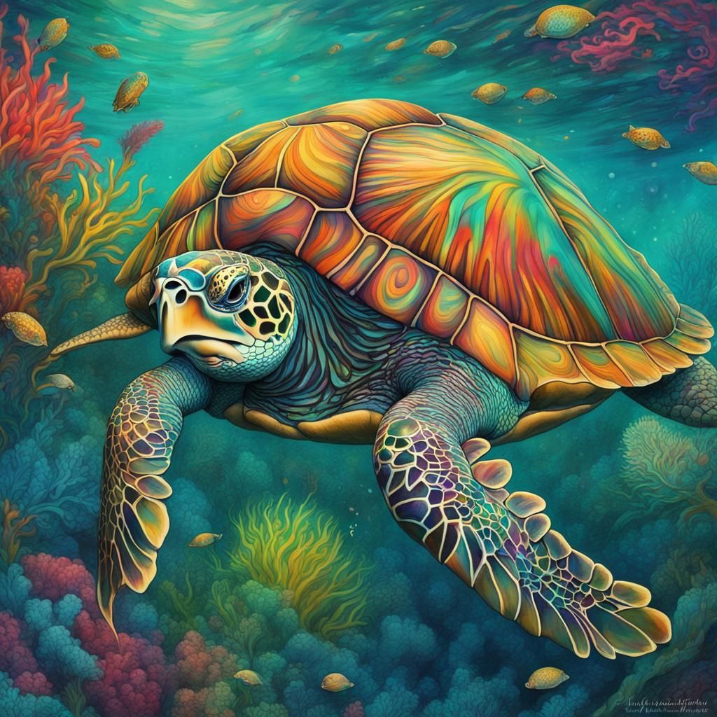 Psychedelic Turtle: Vibrant Rainbow Shading in 8K