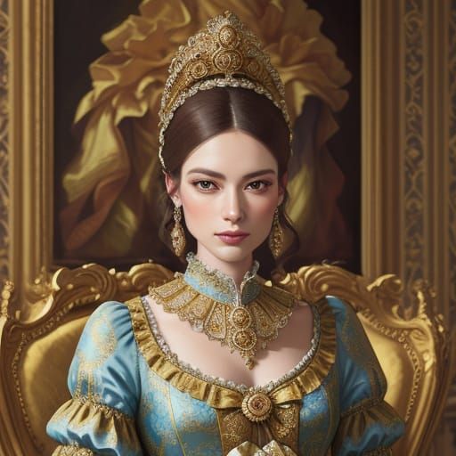 Rococo Royal Gown Painting in Lavish Ballroom