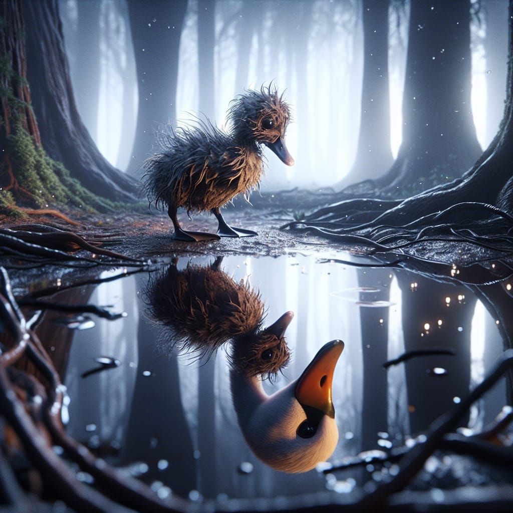 Duckling's Dream: Hyperrealistic Swan Reflection in Forest P...