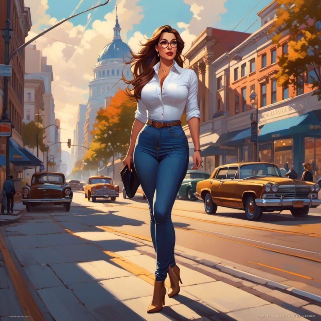 Curvy Businesswoman Walking in City as Digital Art