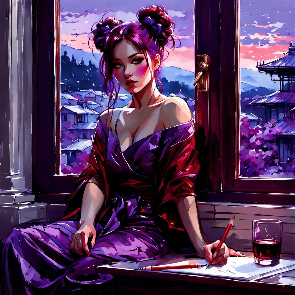 Beautiful Woman with Purple Hair: Pencil Sketch