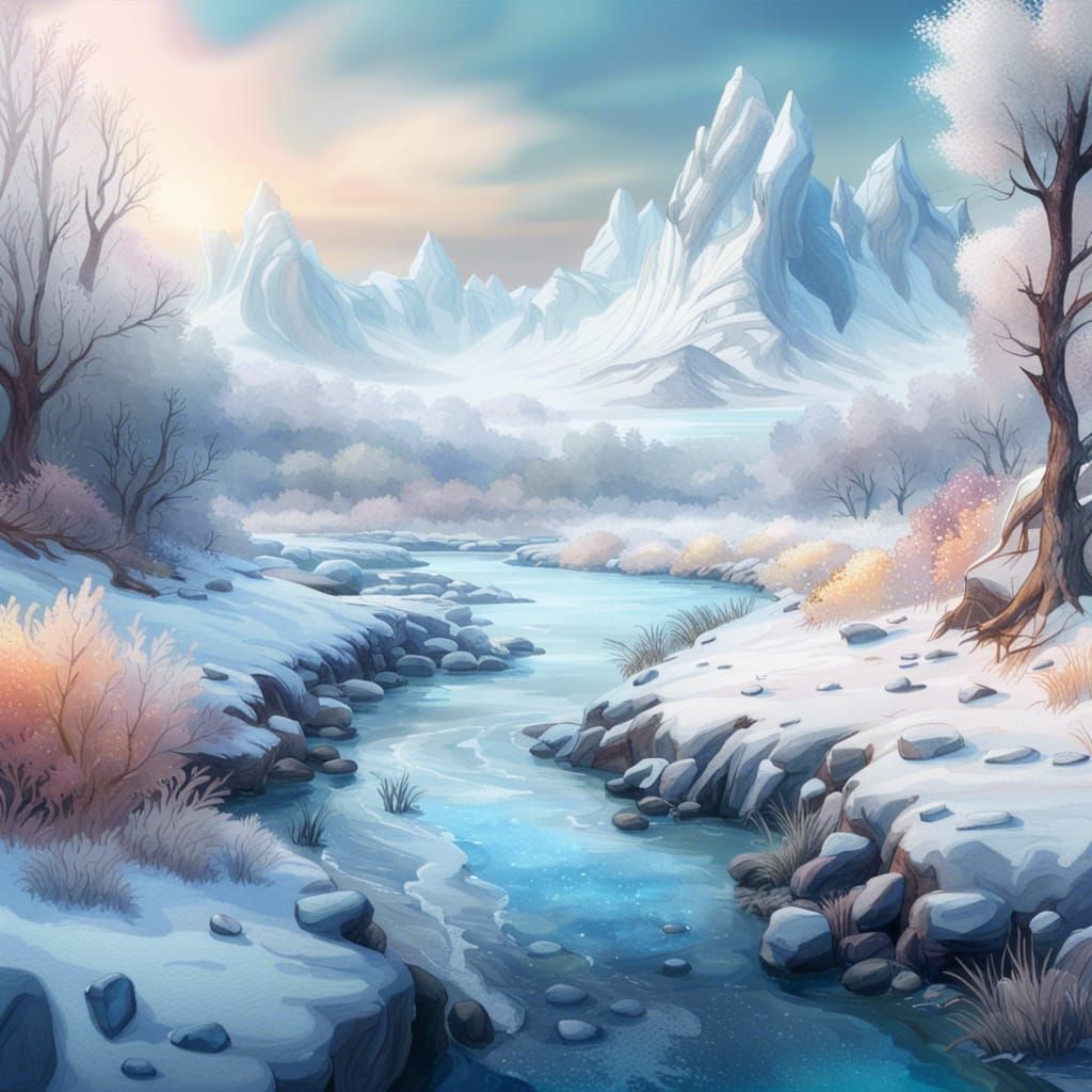 Frosty Riverbank Landscape in Watercolour Style