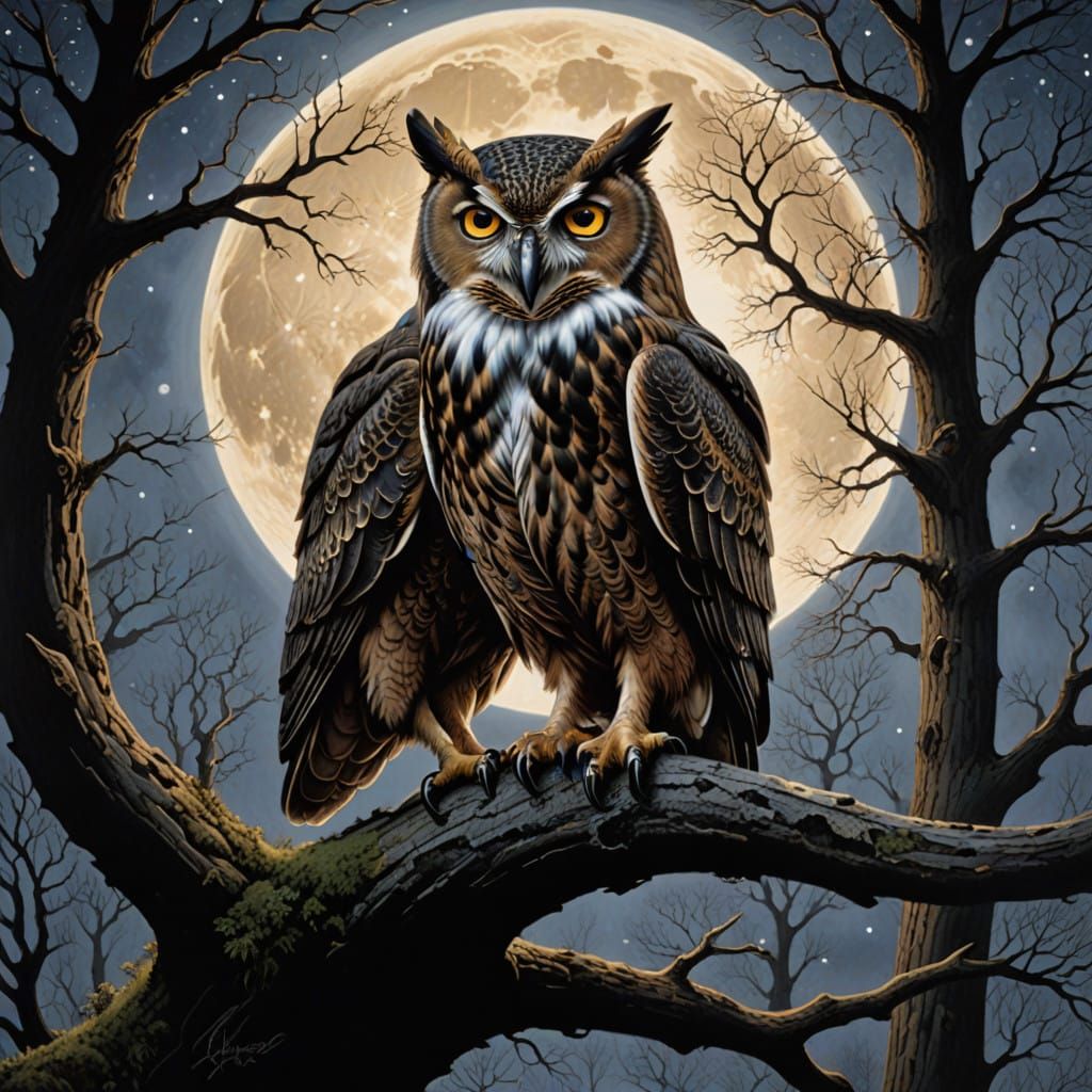 Owl and Eagle Contemplate in Moonlit Nighttime Forest