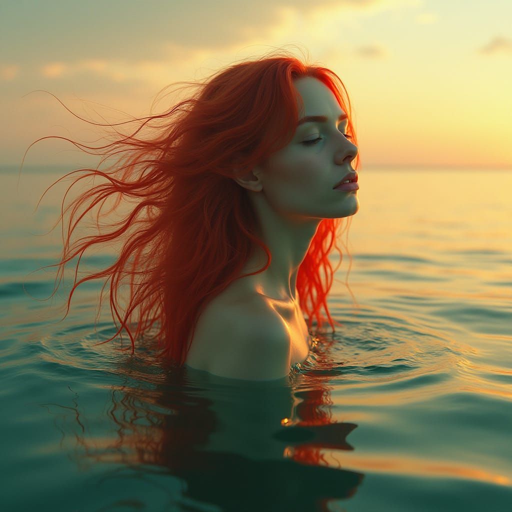 Surreal Sunset: Transparent Woman in Sea, Digital Art