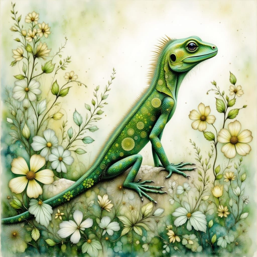 Watercolor Lizard in Misty Haze with Lace Details