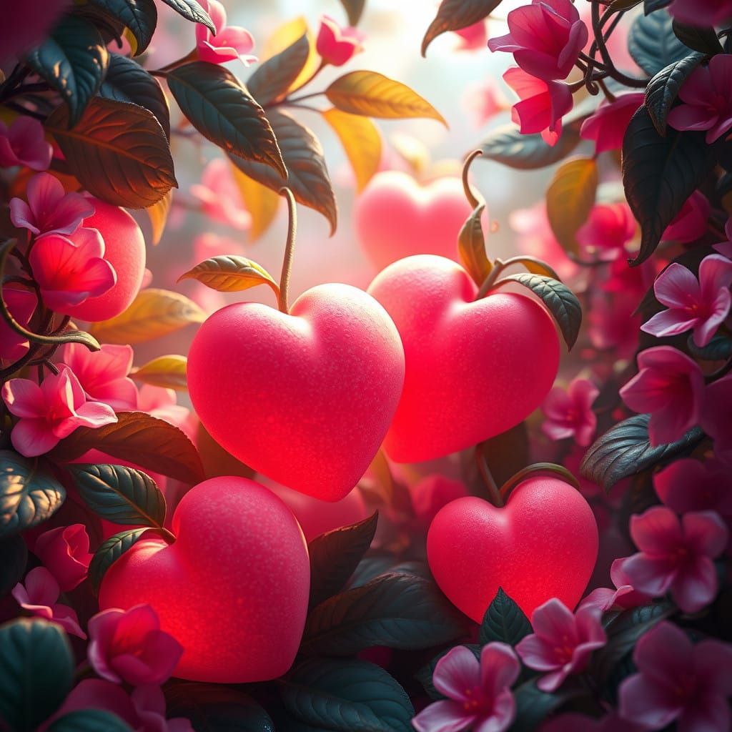 Surreal Heart-Shaped Peaches in Vibrant Whimsical Landscape