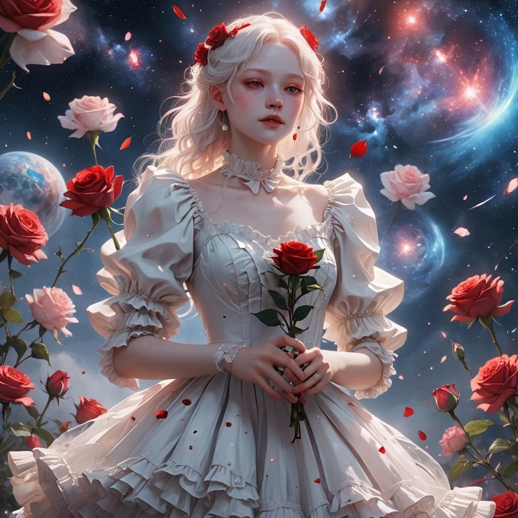 Albino Woman with Rose in Anime Style