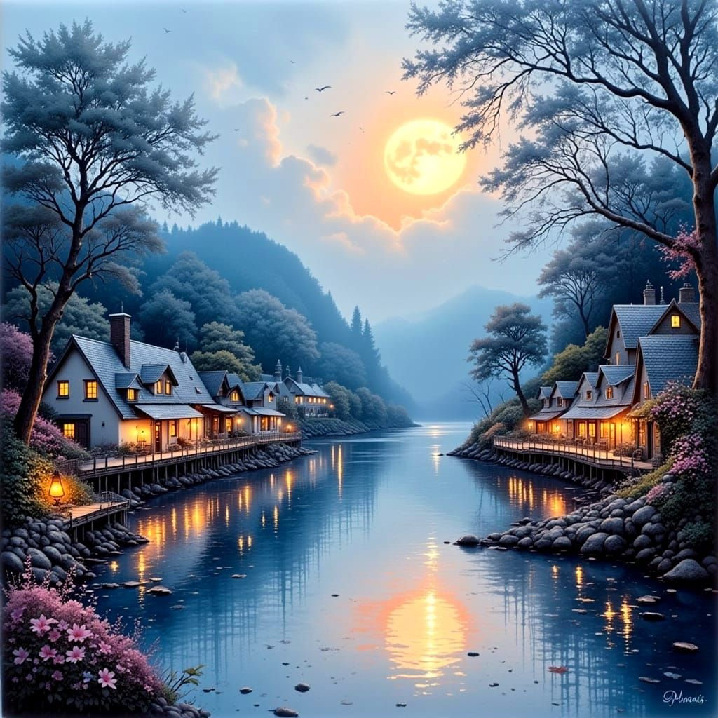 Pastel Fantasy Fishing Port at Night