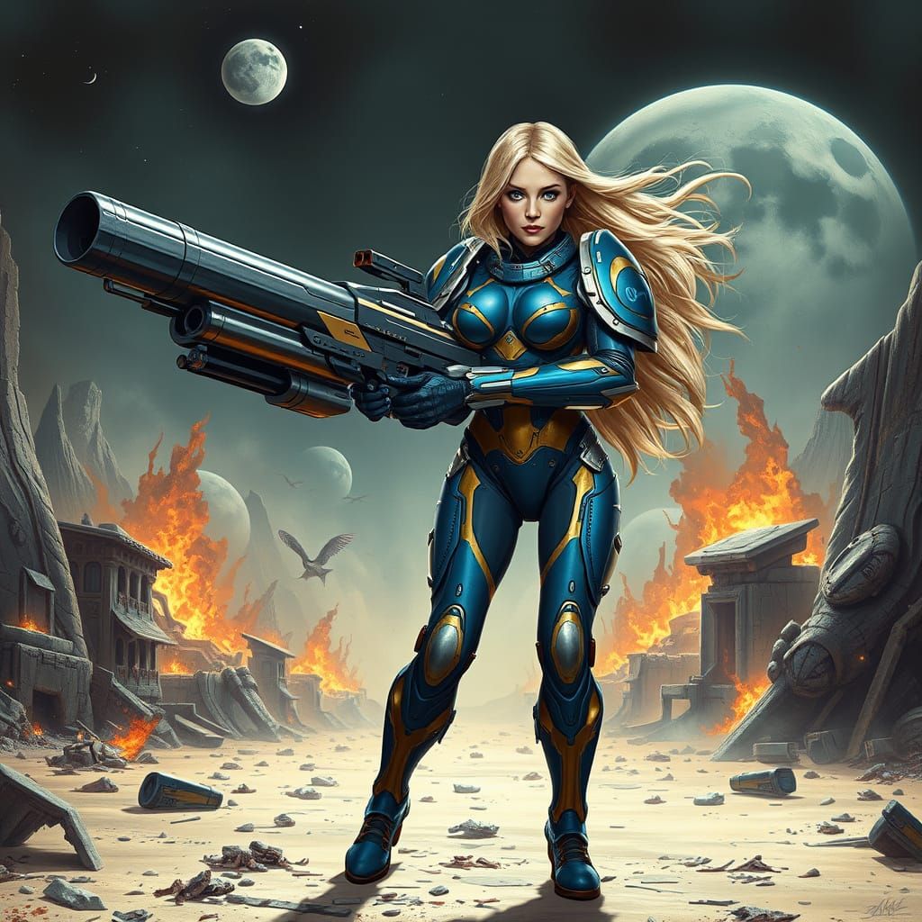 Armored Woman Strides Forward on Alien Planet