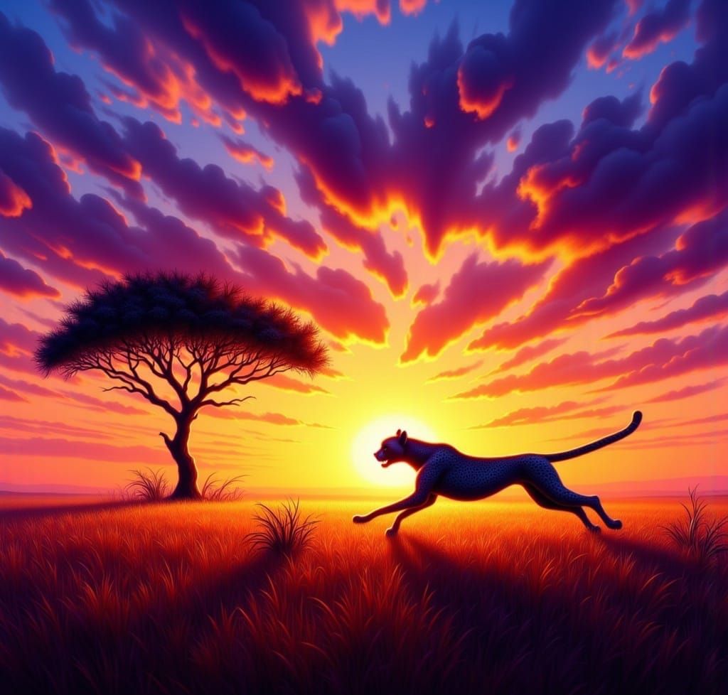 Cheetah Chases Gazelle Across Savannah at Sunset
