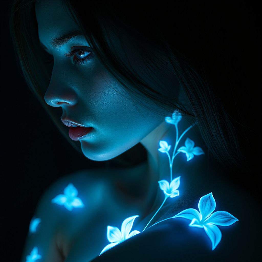 Ethereal Woman with Bioluminescent Tattoos in Cyberpunk Styl...