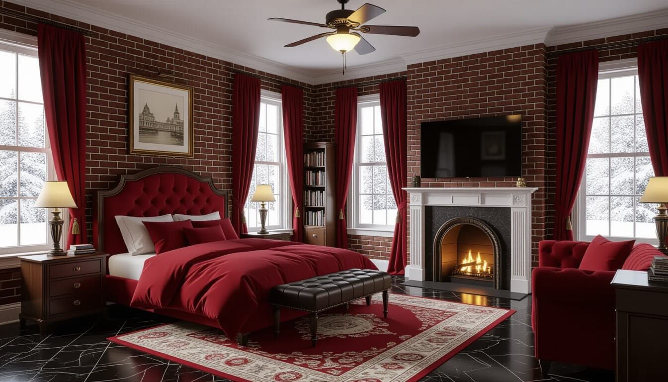 Victorian Bedroom with Dark Red Accents and Fireplace