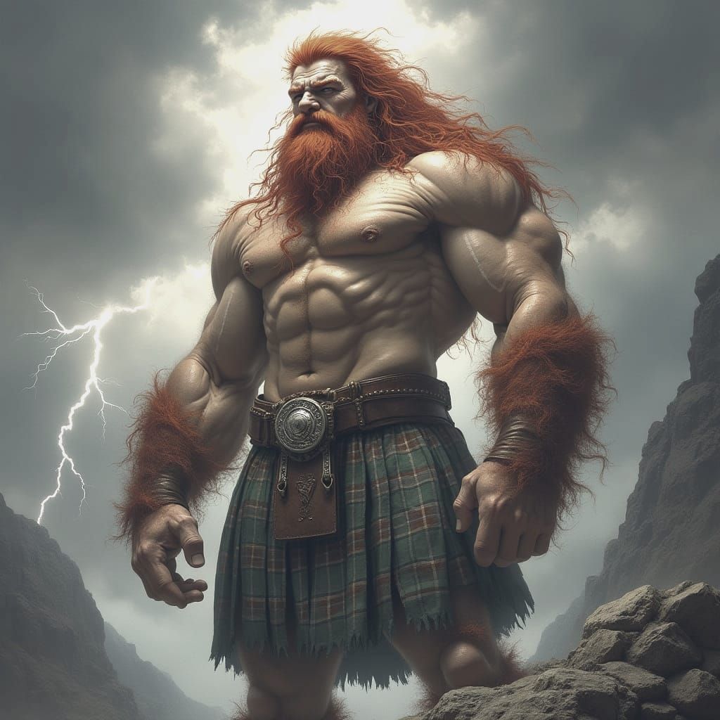 Savage Benandonner Emerges from Stormy Mountainscape in Dram...